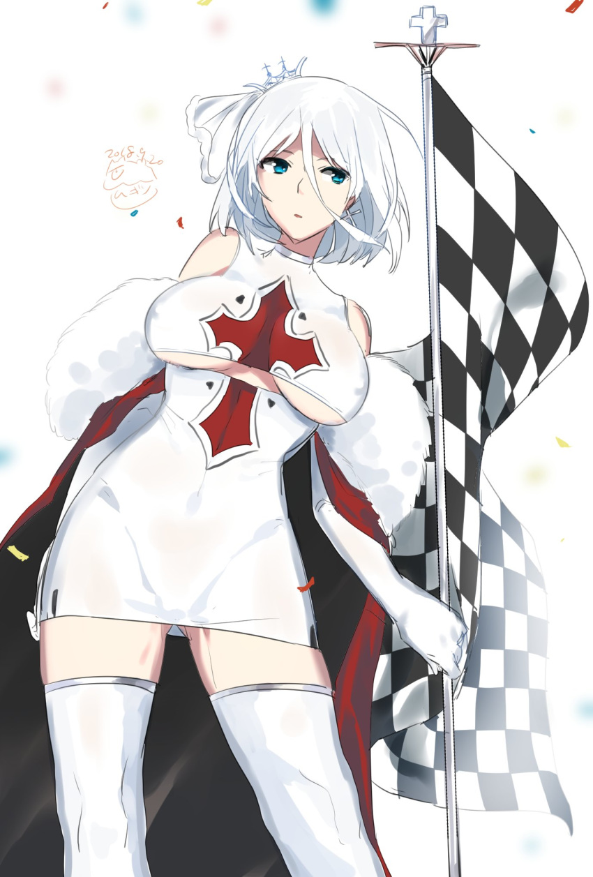 azur_lane bangs blue_eyes breasts cape checkered checkered_flag cleavage commentary_request confetti cross cross_earrings dress earrings elbow_gloves eyebrows_visible_through_hair flag fur-trimmed_cape fur_trim gloves hair_between_eyes highres holding_pole jewelry large_breasts looking_at_viewer mugino_kouji off_shoulder open_mouth race_queen red_cape short_hair sidelocks silver_hair simple_background solo thighhighs tiara tight_dress tirpitz_(azur_lane) underboob_cutout white_background white_dress white_gloves white_legwear wind