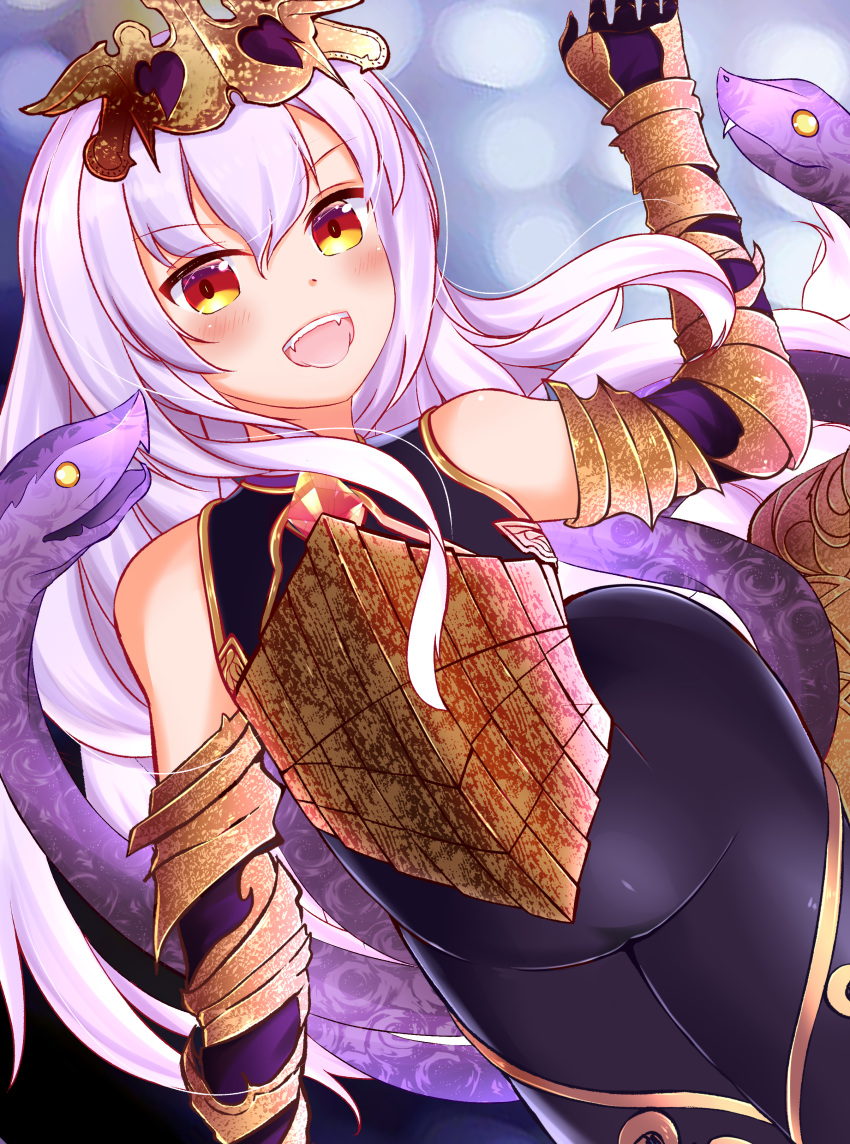 :d absurdres bodysuit breastplate breasts crown fangs granblue_fantasy hair_between_eyes hair_ornament highres hrak0516 hrak0916 jewelry looking_at_viewer medusa_(shingeki_no_bahamut) monster_girl necklace open_mouth purple_hair shadowverse shingeki_no_bahamut small_breasts smile snake snake_hair