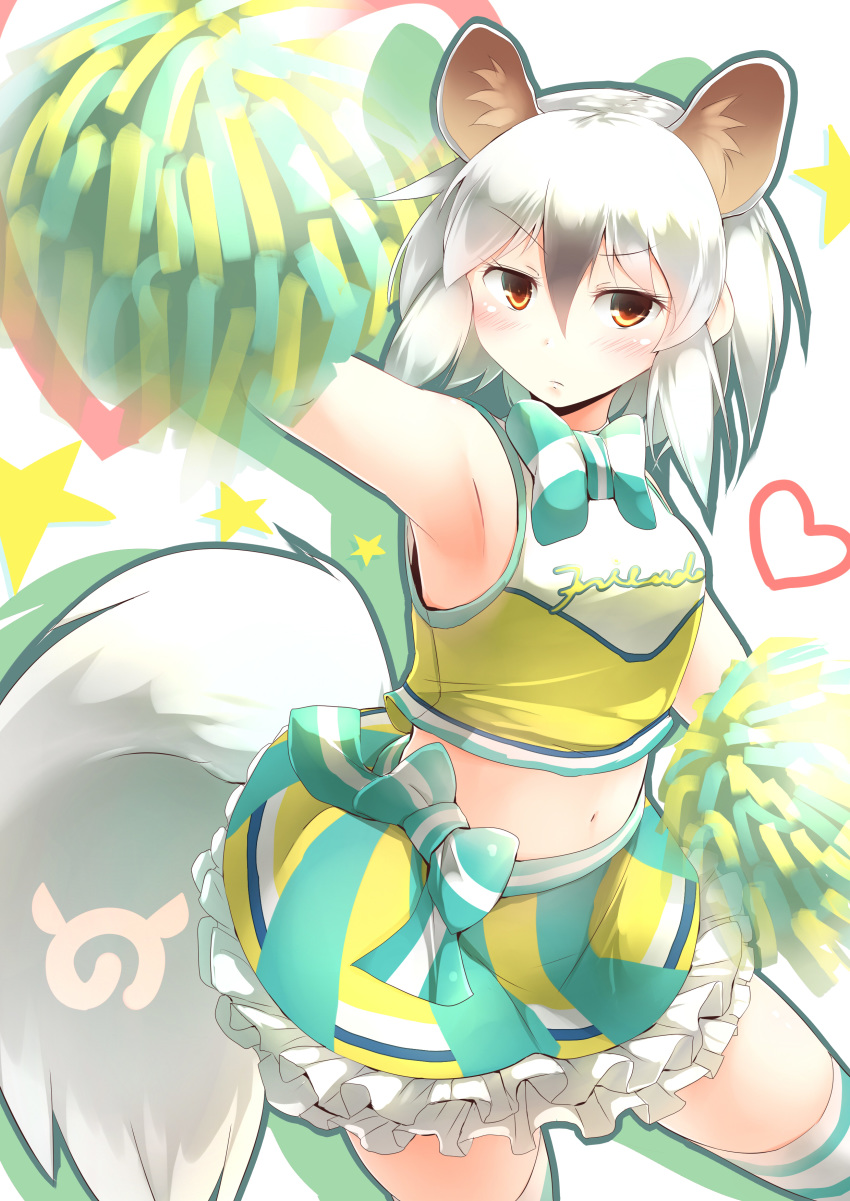absurdres animal_ears arm_up armpits bow cheerleader clothes_writing extra_ears eyebrows_visible_through_hair frilled_skirt frills frown hair_between_eyes heart highres japari_symbol kanzakietc kemono_friends kemono_friends_festival looking_at_viewer midriff navel outline pom_poms red_eyes silver_hair skirt sleeveless solo southern_tamandua_(kemono_friends) tamandua_ears tamandua_tail thighhighs