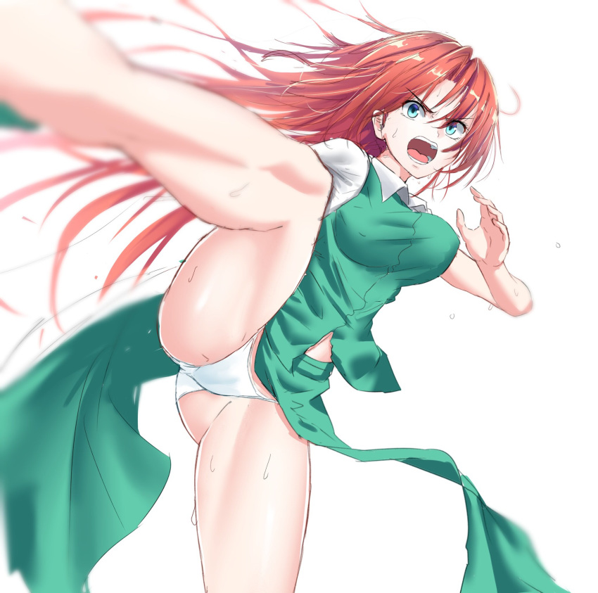 ass attacking_viewer blue_eyes bouncing_breasts breasts commentary_request dress green_dress highres hong_meiling kicking long_hair looking_at_viewer medium_breasts navel open_mouth panties pantyshot_(kicking) red_hair short_sleeves simple_background sweat teraguchi touhou underwear white_panties