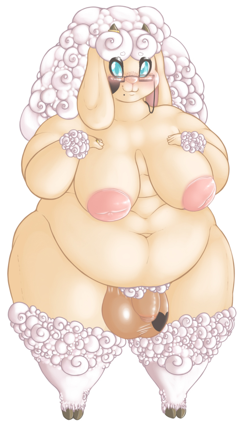 &lt;3 anthro areola balls belly big_areola big_balls body_hair breasts caprine chest_hair cookie_dough_(oc) curly_hair darkmagician1212 deep_navel dickgirl eyewear glasses hair horn intersex inverted_nipples mammal navel nipples nude overweight penis phimosis pubes sheep solo uncut wide_hips