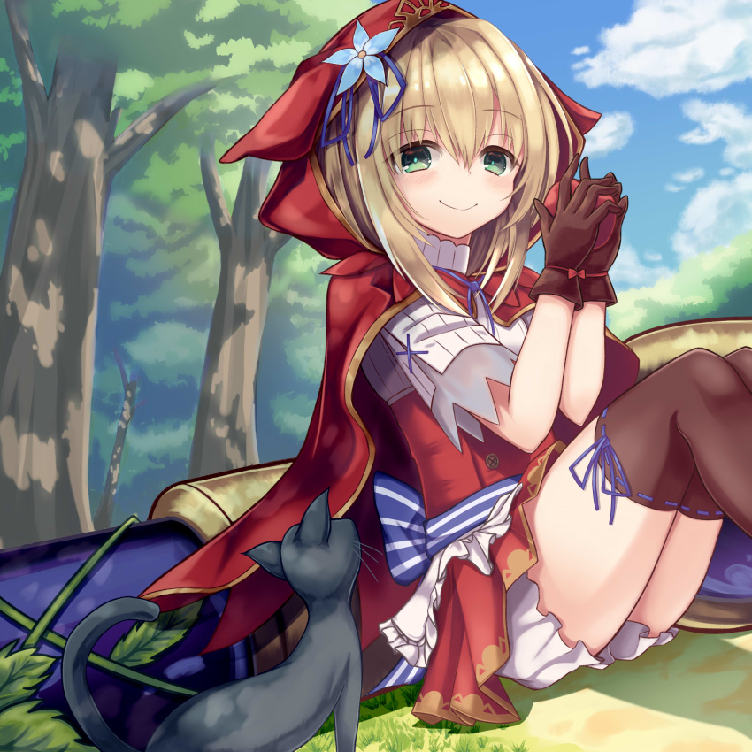 apple black_cat black_legwear blonde_hair bloomers brown_gloves cape cat cloud commentary_request day flower food forest fruit gloves green_eyes grimms_notes highres holding hood knees_up little_red_riding_hood_(grimms_notes) long_hair miniskirt nature nishina_kakeri red_cape red_hood red_skirt ribbon shirt sitting skirt sky smile thighhighs tree underwear white_shirt