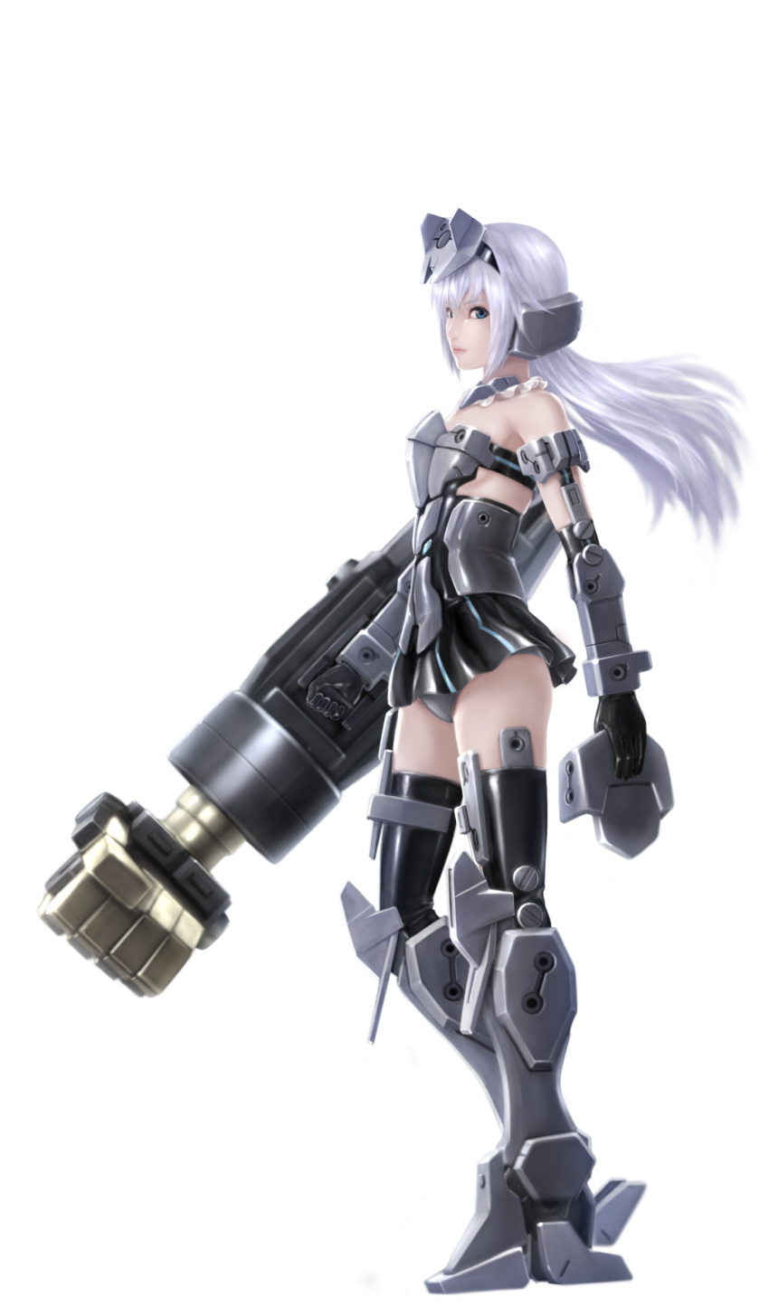 absurdres architect blue_eyes eblmeka frame_arms_girl full_body highres long_hair looking_at_viewer mecha_musume simple_background solo weapon white_background white_hair