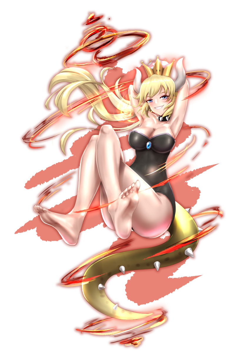 absurdres armpits arms_behind_head arms_up bangs bare_legs bare_shoulders barefoot black_leotard blonde_hair blue_eyes blush bowsette breasts cleavage collar collarbone crown earrings feet fire floating_hair from_side full_body gem grin highres hips horns invisible_chair jewelry knees_up large_breasts leotard lizard_tail long_hair looking_at_viewer mario_(series) new_super_mario_bros._u_deluxe p_ion parted_bangs pointy_ears ponytail sapphire_(stone) shell sidelocks sitting smile soles solo spiked_collar spikes super_crown tail thighs toes transparent_background wide_hips