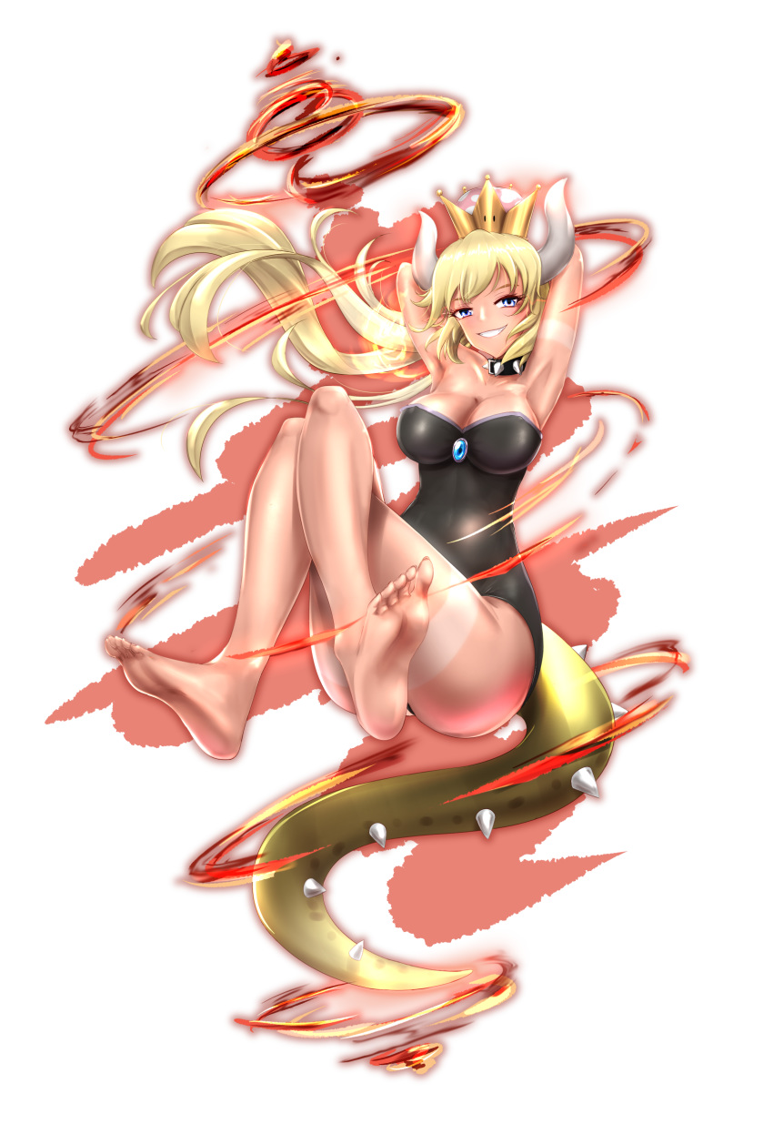 absurdres accessory_tan armpits arms_behind_head arms_up bangs bare_legs bare_shoulders barefoot black_leotard blonde_hair blue_eyes blush bowsette breasts cleavage collar collarbone crown earrings feet fire floating_hair from_side full_body gem grin highres hips horns invisible_chair jewelry knees_up large_breasts leotard lizard_tail long_hair looking_at_viewer mario_(series) new_super_mario_bros._u_deluxe p_ion parted_bangs pointy_ears ponytail sapphire_(stone) shell sidelocks sitting smile soles solo spiked_collar spikes super_crown tail tan tanline thighs toes transparent_background wide_hips