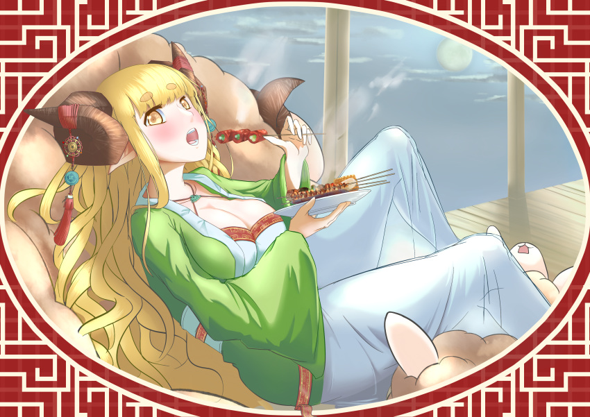 absurdres alternate_costume anila_(granblue_fantasy) bangs blonde_hair blunt_bangs blush breasts cleavage commentary corn dress eating eyebrows_visible_through_hair food granblue_fantasy halterneck highres horn_ornament horns large_breasts long_hair meat mid-autumn_festival moon open_mouth pointy_ears sheep sheep_horns short_eyebrows sidelocks sitting skewer sky solo tassel thick_eyebrows tim20135 very_long_hair wavy_hair white_dress wide_sleeves yellow_eyes