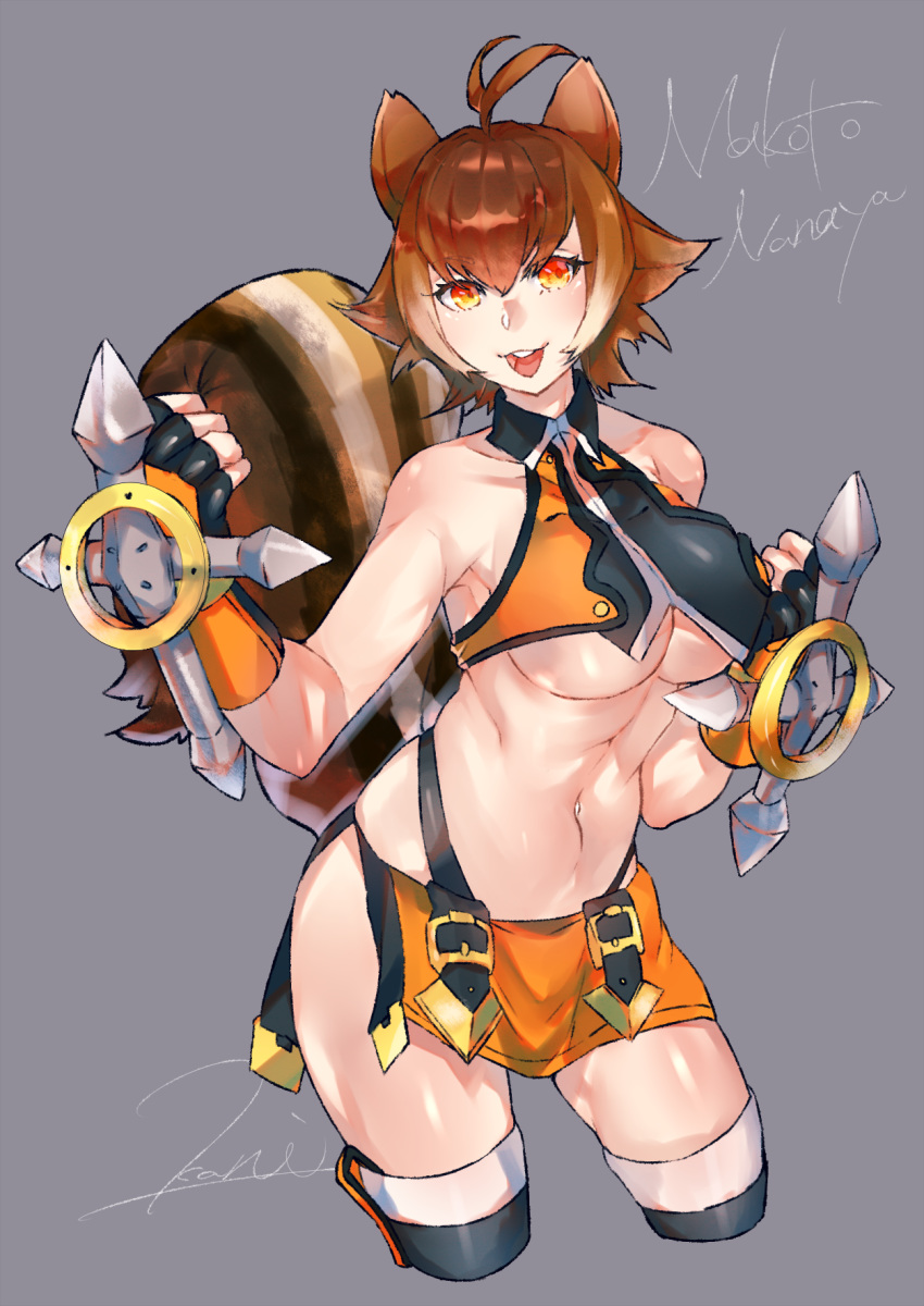 animal_ears antenna_hair bare_shoulders black_legwear blazblue breasts brown_hair character_name commentary_request crop_top fingerless_gloves gloves highres kanimiso_(mikoki) large_breasts looking_at_viewer makoto_nanaya multicolored_hair navel orange_eyes revealing_clothes short_hair skirt solo squirrel_ears squirrel_girl squirrel_tail tail thighhighs tonfa two-tone_hair underboob weapon