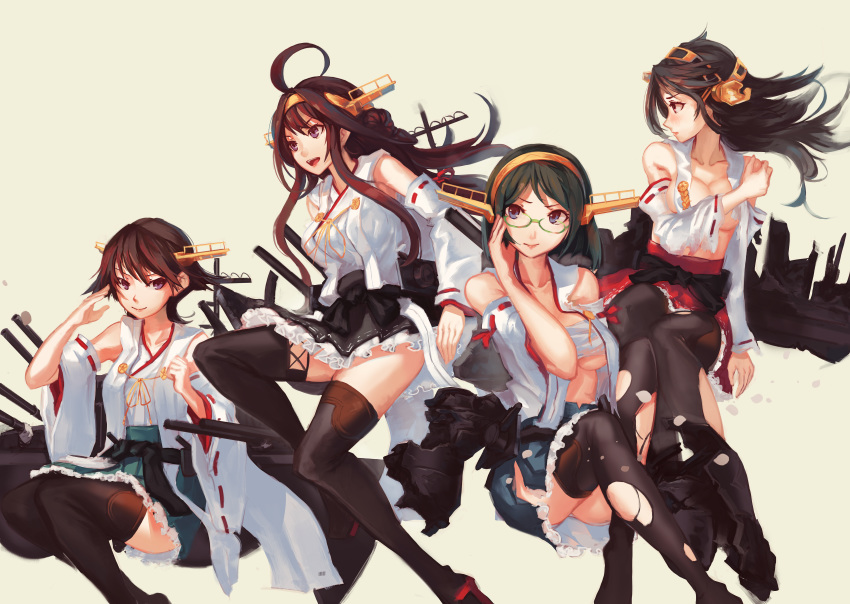 absurdres ahoge bare_shoulders black_hair boots breasts brown_hair covering covering_breasts detached_sleeves double_bun glasses hairband haruna_(kantai_collection) headgear hiei_(kantai_collection) highres huge_filesize japanese_clothes kantai_collection kirishima_(kantai_collection) kongou_(kantai_collection) large_breasts long_hair multiple_girls no_legwear non-web_source nontraditional_miko open_clothes revision saimon_ma short_hair thigh_boots thighhighs torn_clothes torn_legwear