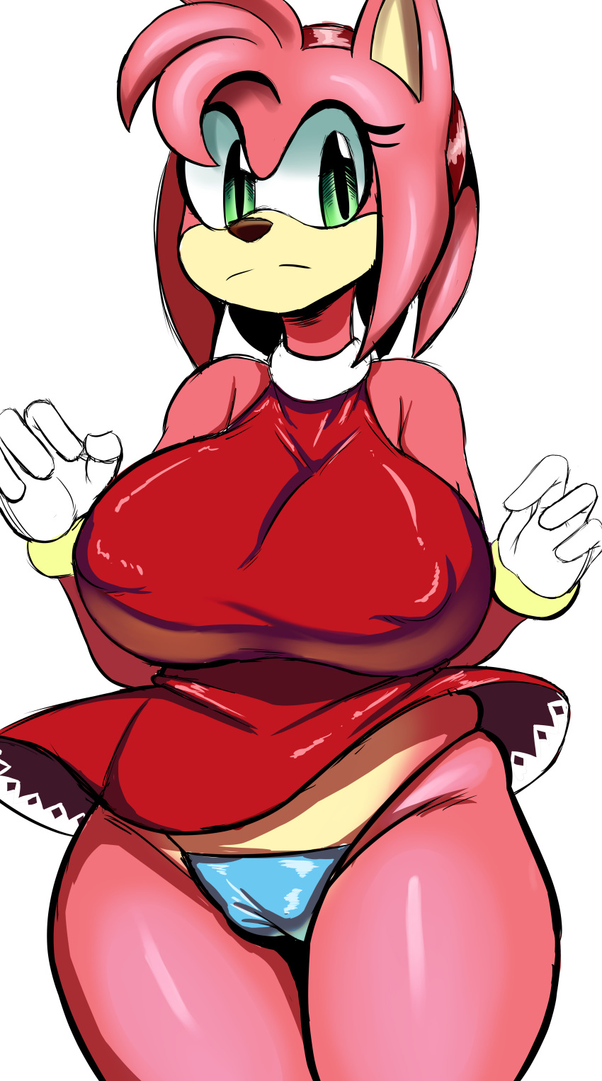 2018 4_fingers absurd_res amy_rose anthro big_breasts breasts clothed clothing clothing_lift digital_media_(artwork) dress female fur gloves green_eyes hair hedgehog hi_res isolatedartest_(artist) looking_aside mammal panties pink_fur pink_hair simple_background skirt skirt_lift slightly_chubby solo sonic_(series) standing thick_thighs tight_clothing underwear white_background