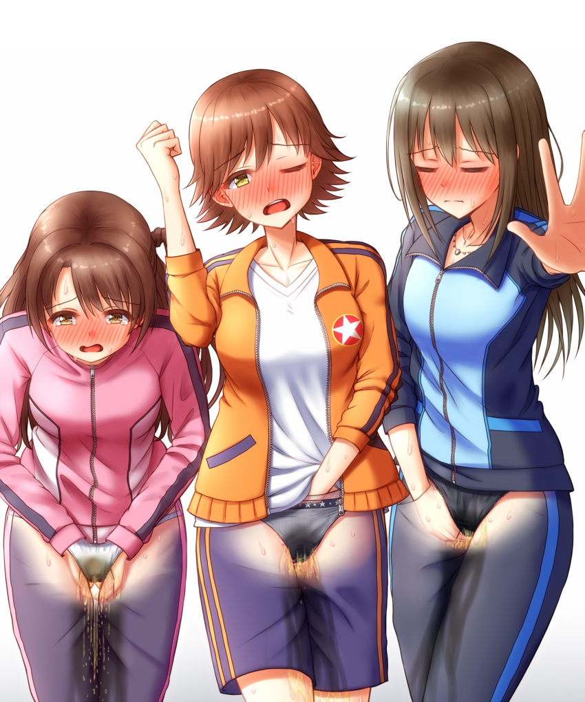 3girls apotea arm_up bangs between_legs black_panties black_pants blue_jacket blue_shorts blush breasts brown_eyes brown_hair collarbone embarrassed eyebrows_visible_through_hair eyes_closed female gluteal_fold grey_panties half-closed_eye half-closed_eyes hand_beneath_clothes hand_between_legs hand_in_pocket hands_together have_to_pee highres honda_mio idolmaster idolmaster_cinderella_girls jacket jewelry lace lace-trimmed_panties legs_together long_hair long_sleeves looking_at_viewer matching_hair/eyes medium_breasts multiple_girls necklace nose_blush one_eye_closed open_mouth orange_jacket outstretched_arm panties pants peeing peeing_self pink_jacket shibuya_rin shimamura_uzuki shiny shiny_hair shirt short_hair shorts simple_background standing star sweat tears teeth textless tied_hair underwear wet wet_clothes wet_panties white_background white_panties white_shirt x-ray yellow_eyes zipper zipper_pull_tab