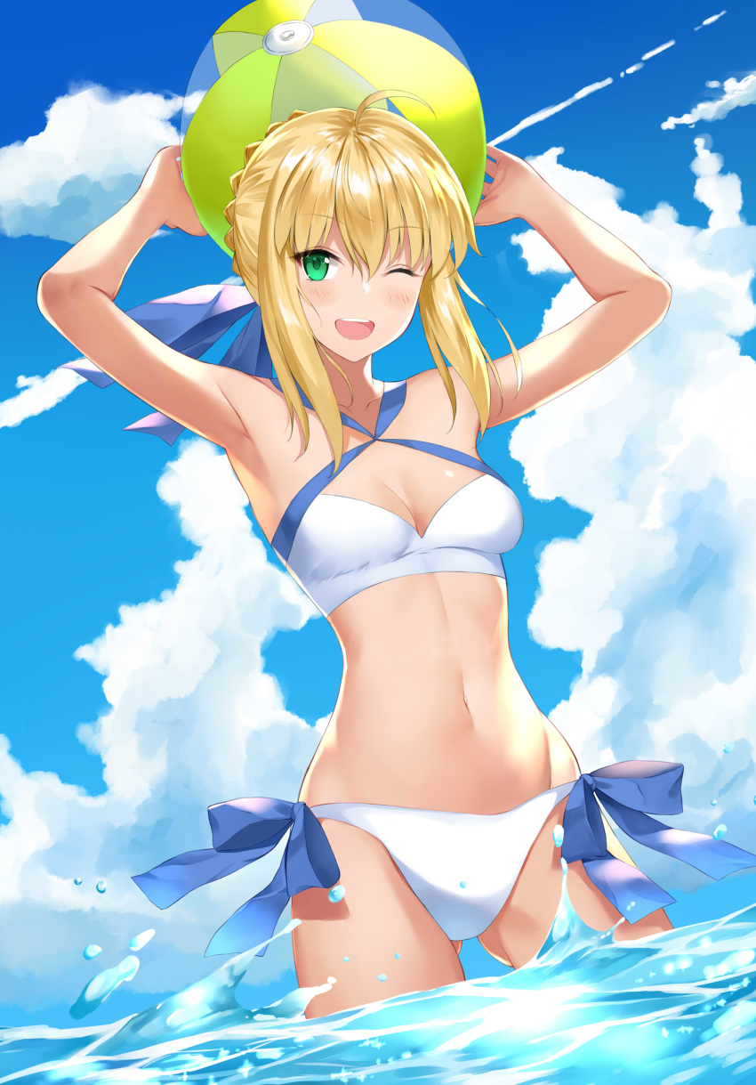 ;d absurdres ahoge armpits arms_up artoria_pendragon_(all) artoria_pendragon_(swimsuit_archer) asato_(fadeless) ball beachball bikini blonde_hair blue_ribbon blue_sky braid breasts cleavage cloud collarbone cowboy_shot crown_braid day eyebrows_visible_through_hair fate/grand_order fate_(series) green_eyes groin hair_between_eyes halterneck highres holding holding_ball looking_at_viewer navel ocean one_eye_closed open_mouth outdoors ribbon shiny shiny_hair shiny_skin side-tie_bikini sidelocks sky small_breasts smile solo standing swimsuit tied_hair wading white_bikini