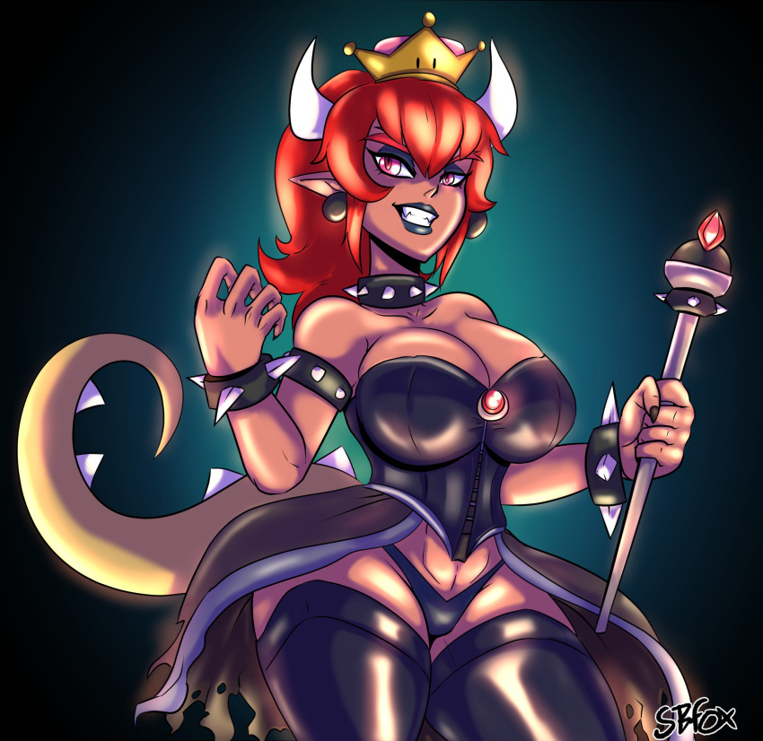 1girl bare_shoulders black_legwear black_lipstick blue_background bowsette bracelet breasts cleavage collar collarbone corset crown dark_skin earrings eyeshadow gradient gradient_background grin horns jewelry large_breasts lipstick long_hair makeup mario_(series) nail_polish new_super_mario_bros._u_deluxe nintendo pointy_ears ponytail red_eyes red_hair shadowblackfox smile solo spiked_bracelet spiked_collar spikes staff standing super_crown tail thighhighs thong