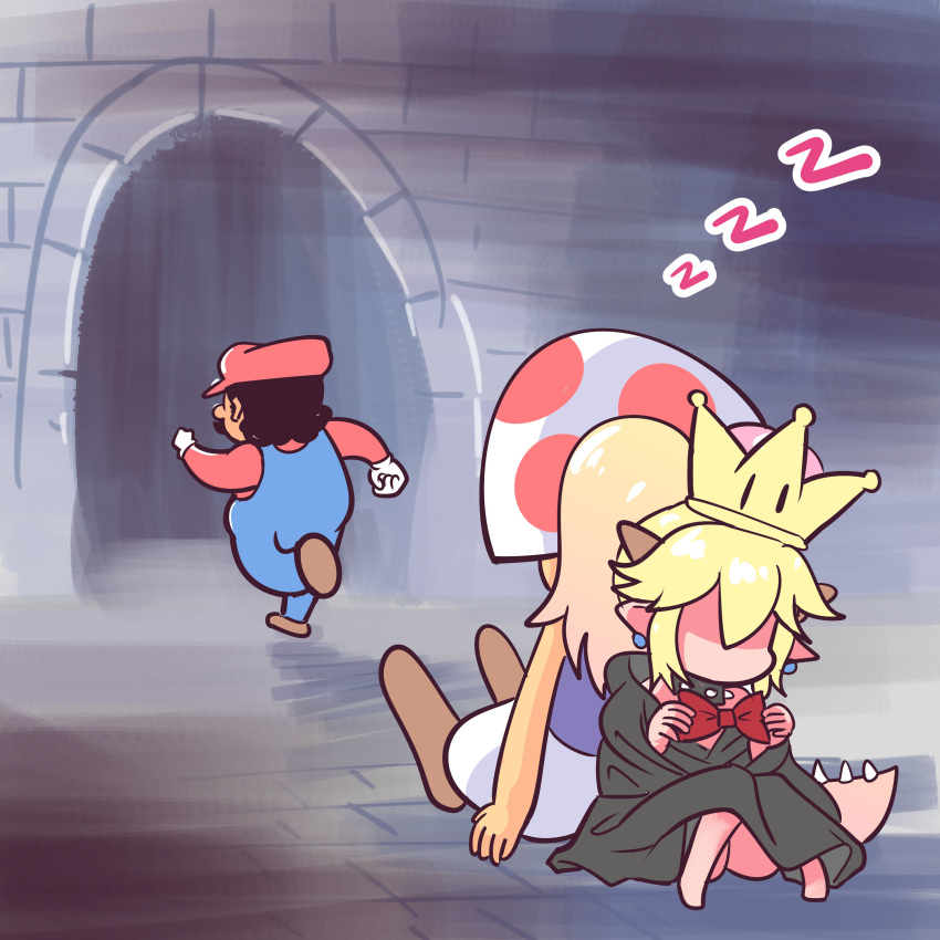1koma 2boys absurdres bangs bare_legs black_dress black_hair blonde_hair blue_overalls bow bowsette brick_floor brick_wall collar comic commentary dress dungeon gimme2000 gloves hat hidden_face hiding highres horns long_ponytail mario mario_(series) meitantei_conan multiple_boys new_super_mario_bros._u_deluxe parody purple_vest red_bow red_hat red_shirt running shaded_face shirt sleeping sleeping_upright spiked_collar spikes super_crown toad vest white_gloves