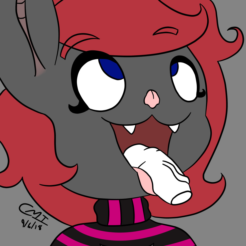 anthro bat blue_eyes clothing cmibond cute disembodied_penis fangs fellatio female hair happy licking male male/female mammal open_mouth oral penis red_hair sex shay_(cmibond) solo sweater tongue tongue_out