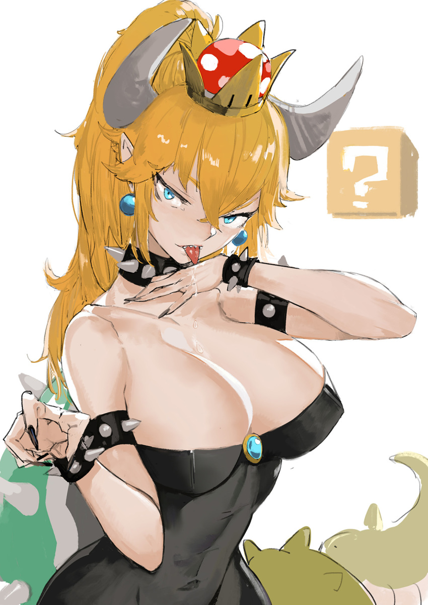 armlet bamuth bangs bare_shoulders black_dress black_nails blonde_hair blue_eyes bowsette bracelet breasts cleavage collar commentary_request crown dress earrings hair_between_eyes highres horns jewelry large_breasts magic_trick mario_(series) marker_(medium) nail_polish new_super_mario_bros._u_deluxe pointy_ears ponytail sharp_teeth sidelocks solo spiked_bracelet spiked_collar spiked_shell spiked_tail spikes strapless strapless_dress super_crown tail teeth traditional_media turtle_shell white_background