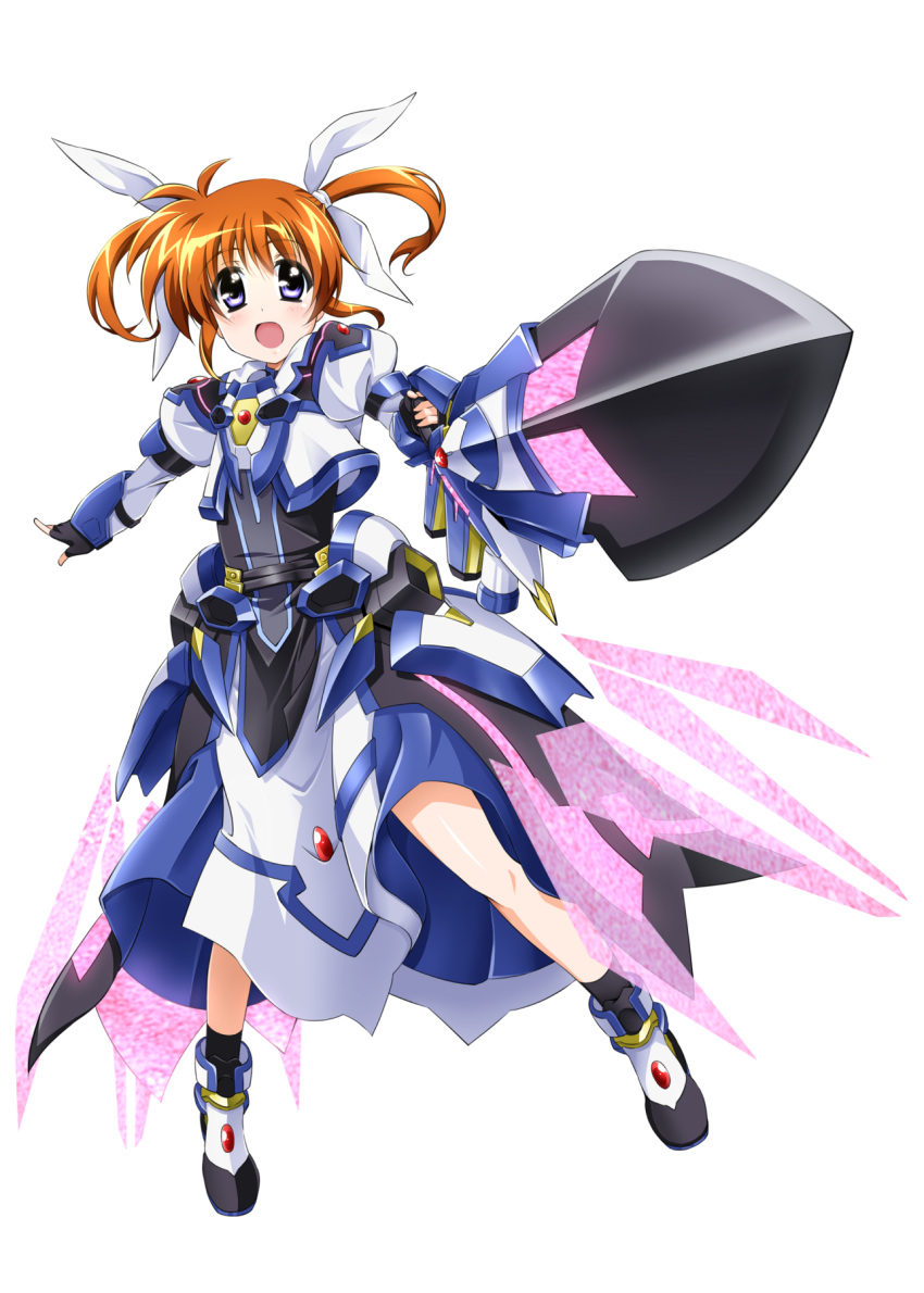 armor armored_dress black_gloves black_legwear blush bow brown_hair fingerless_gloves floating_hair full_body gloves hair_bow highres holding holding_weapon looking_at_viewer lyrical_nanoha mahou_shoujo_lyrical_nanoha mahou_shoujo_lyrical_nanoha_the_movie_3rd:_reflection open_mouth purple_eyes shiny shiny_hair simple_background socks solo takamachi_nanoha twintails weapon white_background white_bow yorousa_(yoroiusagi)