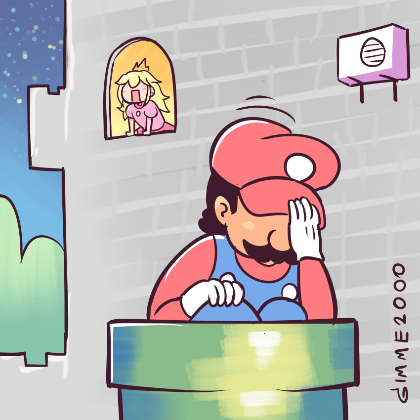 1girl 1koma :o absurdres black_hair blonde_hair blue_overalls brick_wall brooch comic commentary crown dress facial_hair gimme2000 gloves hat hidden_eyes highres jewelry long_hair looking_out_window mario mario_(series) meme mustache night night_sky open_mouth outdoors pink_dress pipe princess_peach red_hat red_shirt shirt sky super_mario_bros. thai_political_crisis_breakup warp_pipe white_gloves window