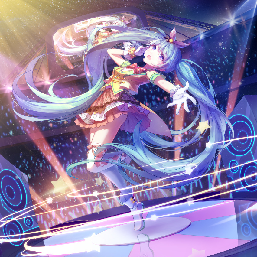 :d absurdres aqua_hair argyle argyle_legwear armband bow commentary_request concert crowd gloves glowstick hair_bow hand_up hatsune_miku headset highres long_hair musical_note musical_note_print night night_sky open_mouth purple_eyes red_bow red_skirt reflection skirt sky smile solo speaker stadium stage stage_lights star star_(sky) starry_sky television thighhighs twintails very_long_hair vocaloid white_footwear white_gloves white_legwear yue_yue