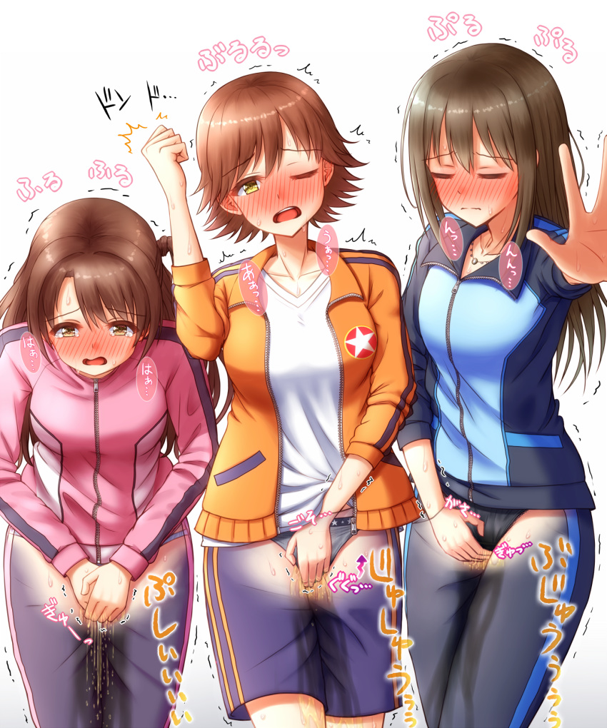 3girls apotea arm_up bangs between_legs black_panties black_pants blue_jacket blue_shorts blush breasts brown_eyes brown_hair collarbone embarrassed eyebrows_visible_through_hair eyes_closed female grey_panties half-closed_eye half-closed_eyes hand_beneath_clothes hand_between_legs hand_in_pocket hands_together have_to_pee heavy_breathing highres honda_mio idolmaster idolmaster_cinderella_girls jacket japanese_text jewelry lace lace-trimmed_panties legs_together long_hair long_sleeves looking_at_viewer matching_hair/eyes medium_breasts multiple_girls necklace nose_blush one_eye_closed open_mouth orange_jacket outstretched_arm panties pants peeing peeing_self pink_jacket shibuya_rin shimamura_uzuki shiny shiny_hair shirt short_hair shorts simple_background speech_bubble standing star sweat tears teeth text_focus tied_hair translation_request trembling underwear wet wet_clothes wet_panties white_background white_panties white_shirt x-ray yellow_eyes zipper zipper_pull_tab