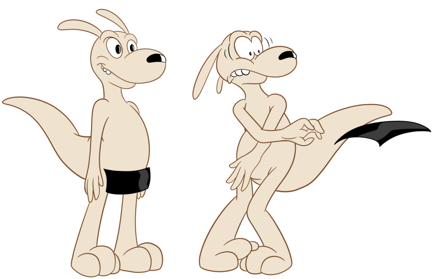 2018 anthro barefoot breaking_the_fourth_wall censor_bar censored covering embarrassed exposed featureless_crotch floppy_ears male mammal marsupial nickelodeon nude overbite rocko rocko's_modern_life simple_background solo teeth wallaby wide_eyed wind x231_(artist)