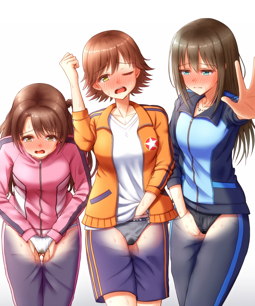 3girls apotea arm_up bangs between_legs black_panties black_pants blue_eyes blue_jacket blue_shorts blush breasts brown_eyes brown_hair collarbone embarrassed eyebrows_visible_through_hair female gluteal_fold grey_panties half-closed_eye half-closed_eyes hand_beneath_clothes hand_between_legs hand_in_pocket hands_together have_to_pee highres honda_mio idolmaster idolmaster_cinderella_girls jacket jewelry lace lace-trimmed_panties legs_together long_hair long_sleeves looking_at_viewer matching_hair/eyes medium_breasts multiple_girls necklace nose_blush one_eye_closed open_mouth orange_jacket outstretched_arm panties pants pink_jacket shibuya_rin shimamura_uzuki shiny shiny_hair shirt short_hair shorts simple_background standing star sweat tears teeth textless tied_hair underwear wet wet_clothes wet_panties white_background white_panties white_shirt x-ray yellow_eyes zipper zipper_pull_tab