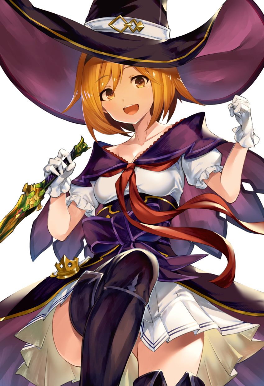 :d akanagi_youto ass ass_visible_through_thighs bangs black_cape black_footwear black_hairband black_hat blonde_hair blush boots breasts cape cleavage clenched_hand collarbone commentary_request convenient_leg cowboy_shot dagger djeeta_(granblue_fantasy) eyebrows_visible_through_hair gloves granblue_fantasy hair_between_eyes hairband hands_up hat highres holding holding_dagger holding_weapon knee_up looking_at_viewer medium_breasts miniskirt neckerchief open_mouth pleated_skirt puffy_short_sleeves puffy_sleeves red_neckwear shirt short_sleeves simple_background skirt smile solo thigh_boots thighhighs thighs waist_cape warlock_(granblue_fantasy) weapon white_background white_gloves white_shirt white_skirt witch_hat yellow_eyes