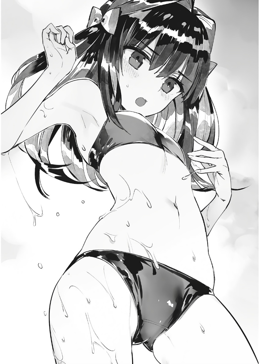 1girl assassins_pride bikini bow breasts cowboy_shot eyebrows_visible_through_hair floating_hair from_below greyscale hair_between_eyes hair_bow highres long_hair monochrome mule_la_mall navel ninomoto novel_illustration official_art open_mouth shiny shiny_hair small_breasts solo standing sweatdrop swimsuit