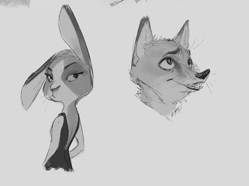 2018 anthro canine clothed clothing disney duo fan_character female fox grey_background greyscale lagomorph looking_at_viewer male mammal monochrome monoflax rabbit simple_background whiskers zootopia