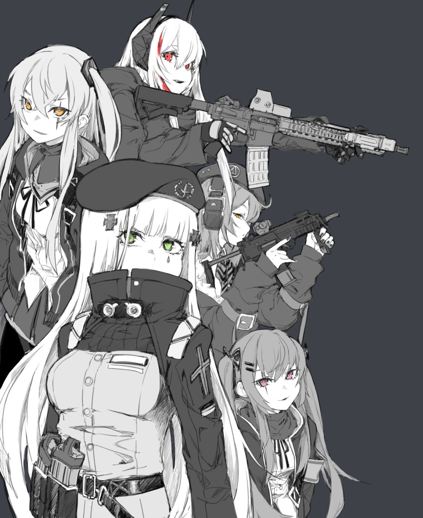 alma01 assault_rifle belt_pouch breasts commentary_request girls_frontline gloves gun h&amp;k_mp7 headphones heckler_&amp;_koch highres hk416_(girls_frontline) holstered_weapon jacket long_hair m4_carbine m4_sopmod_ii m4_sopmod_ii_(girls_frontline) magazine_(weapon) monochrome mp7_(girls_frontline) multiple_girls open_mouth pouch red_eyes rifle scar scar_across_eye simple_background submachine_gun tactical_clothes trigger_discipline ump45_(girls_frontline) ump9_(girls_frontline) weapon