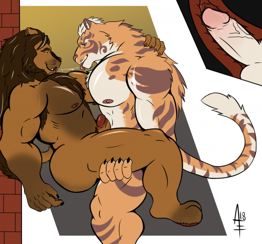 2018 aereous anthro anus balls barazoku beard belly biceps big_butt body_hair butt cat chest_hair digital_media_(artwork) duo erection facial_hair feline fur hair hi_res humanoid_penis internal lin_hu lion male male/male mammal multicolored_fur muscular muscular_male nekojishi nipples nude open_mouth pecs penetration penis precum pubes saliva sex simple_background smile thick_thighs tiger tongue tongue_out vein veiny_penis x-ray