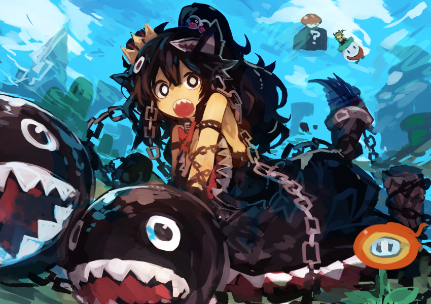 :o absurdres animal_ears armlet black_eyes black_hair blonde_hair blue_sky bowsette chain chain_chomp collar day fire_flower hair_ornament highres kaamin_(mariarose753) koopa_clown_car long_hair looking_at_viewer mario_(series) multiple_girls new_super_mario_bros._u_deluxe outdoors ponytail princess_chain_chomp sharp_teeth sky spiked_armlet super_crown super_mushroom tail teeth white_pupils