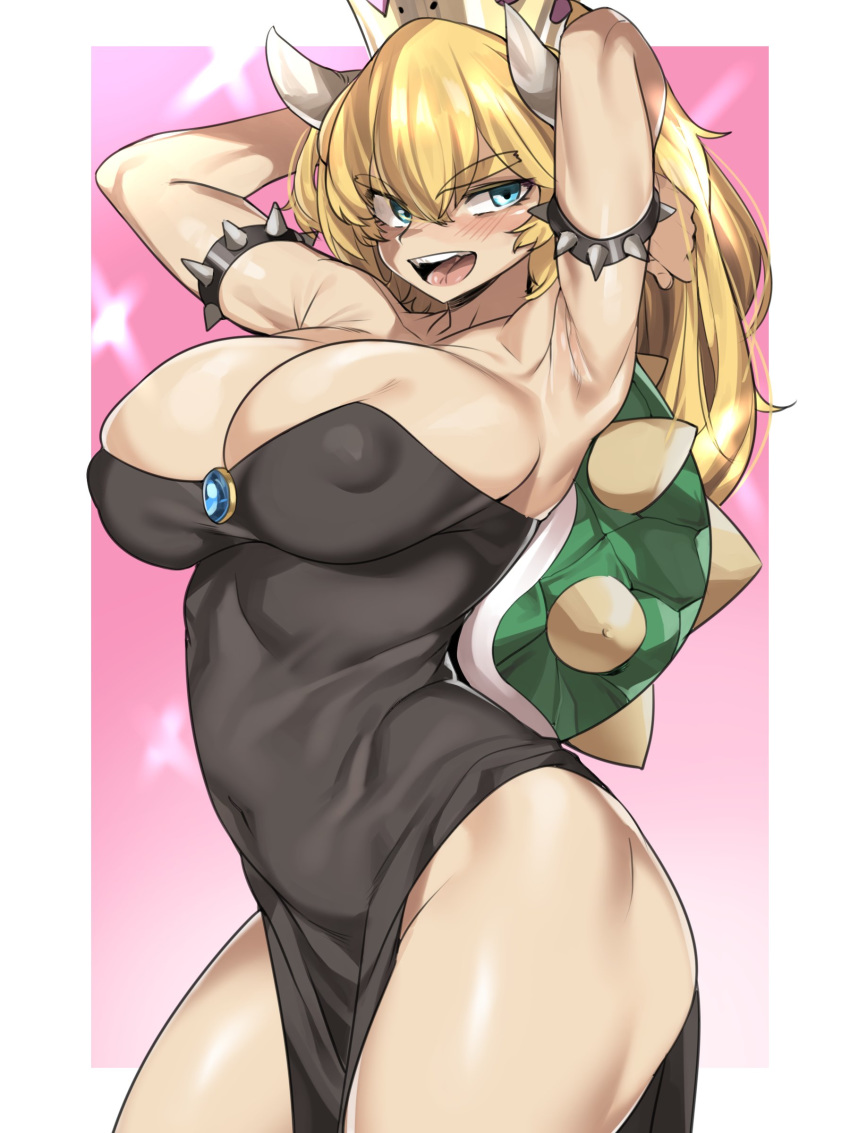 :d absurdres aqua_eyes arched_back armpit_crease armpits arms_behind_head arms_up bare_hips black_dress blonde_hair blush border bowsette breasts cleavage commentary_request covered_navel covered_nipples crown dress eyebrows_visible_through_hair forked_eyebrows high_ponytail highleg highleg_dress highres horns impossible_clothes korean_commentary large_breasts long_hair looking_at_viewer mario_(series) new_super_mario_bros._u_deluxe open_mouth outside_border pelvic_curtain pink_background princess sapphire_(stone) shell shiny shiny_skin skindentation smile solo sparkle_background spike spiked_armlet spiked_shell strapless strapless_dress super_crown thick_eyebrows thick_thighs thighs turtle_shell urec white_border