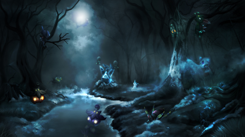 alternate_color ariados bare_tree commentary elgyem english_commentary fog forest froslass frozen ghost glowing glowing_eyes halloween highres ice j7663701 legendary_pokemon lunala luxray marshadow mimikyu moon moonlight nature necrozma night no_humans phantump pikachu pokemon pokemon_(creature) pond pumpkaboo sableye shiny_pokemon sneasel tree