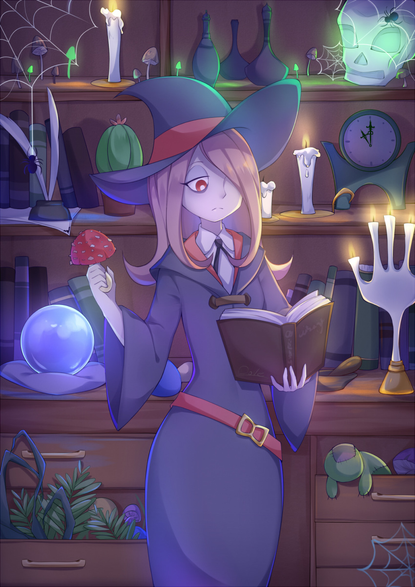 artist_name book bug candle clock crystal_ball desk doll drawer expressionless flower_pot glowing hair_over_one_eye hat highres holding holding_book holding_mushroom ink ink_bottle little_witch_academia long_hair long_sleeves luna_nova_school_uniform mushroom okami_hiro open_book open_drawer paper pillow pink_hair pixiv_username plant quill reading red_eyes robe shelf signature silk skull solo spider spider_web stitches sucy_manbavaran vase wax witch witch_hat