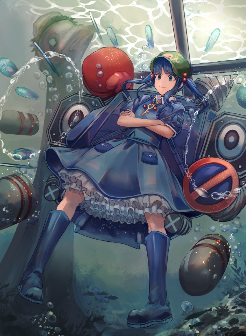 absurdres air_bubble akainoda backpack bad_revision bag bangs blue_footwear blue_hair blue_shirt blue_skirt boots boxing_gloves bubble cabbie_hat commentary_request crossed_arms danmaku downscaled_revision dress drill eyebrows_visible_through_hair fish full_body gloves green_hat hair_bobbles hair_ornament hat highres kawashiro_nitori key knee_boots long_hair looking_at_viewer md5_mismatch no_symbol petticoat pocket puffy_short_sleeves puffy_sleeves red_gloves shirt short_sleeves sidelocks skirt skirt_set smile solo torpedo touhou twintails underwater urban_legend_in_limbo wing_collar