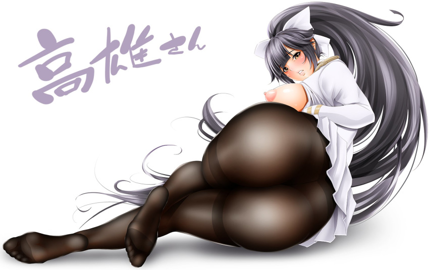 1girl ass azur_lane black_hair bow brown_eyes feet from_behind hair_bow highres hips huge_ass legs looking_at_viewer looking_back nipples open_clothes open_shirt pantyhose parted_lips simple_background size_hermitage skirt solo takao_(azur_lane) thick_thighs thighs toes translation_request white_background white_bow wide_hips