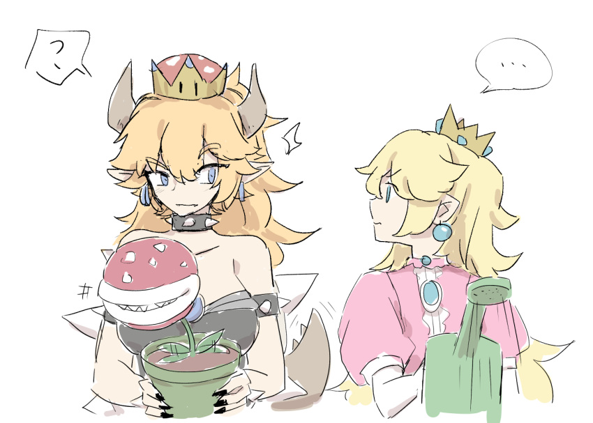 1koma 2girls ? bare_shoulders black_nails blonde_hair bowsette collar comic commentary_request crown earrings fingernails holding_pot holding_watering_can horns jewelry long_hair mario_(series) multiple_girls nail_polish nejikyuu new_super_mario_bros._u_deluxe piranha_plant princess_peach puffy_short_sleeves puffy_sleeves sharp_fingernails sharp_teeth short_sleeves silent_comic sketch spiked_armlet spiked_collar spikes spoken_ellipsis spoken_question_mark super_crown teeth white_background
