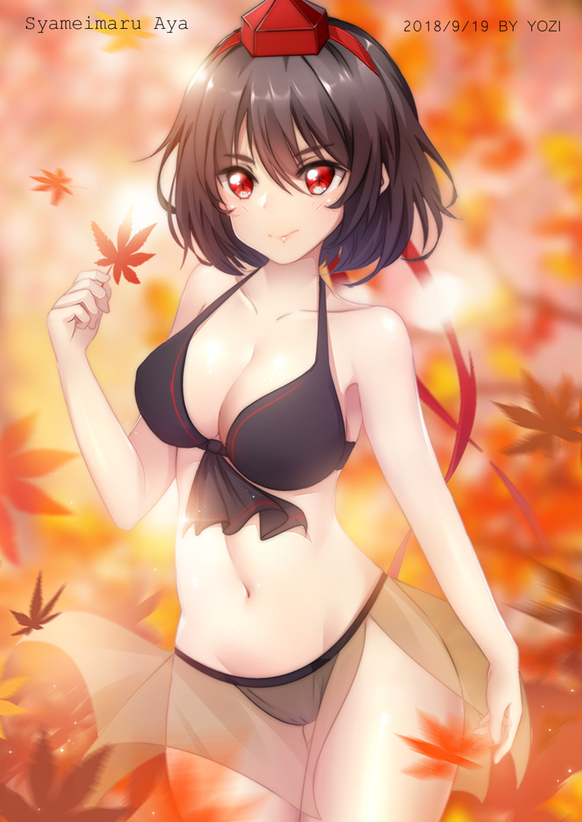 artist_name ass_visible_through_thighs autumn_leaves bangs bare_arms bare_shoulders bikini black_bikini black_hair blurry blurry_background breasts character_name chinese_commentary cleavage collarbone commentary_request cowboy_shot dated eyebrows_visible_through_hair front-tie_bikini front-tie_top groin hair_between_eyes halterneck hand_up hat highres holding holding_leaf large_breasts leaf lips looking_at_viewer navel red_eyes sarong see-through shameimaru_aya shiny short_hair solo standing stomach swimsuit tassel thighs tokin_hat touhou yozi