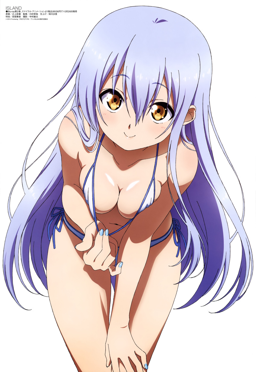 absurdres bent_over bikini blue_hair breasts cleavage closed_mouth cowboy_shot hair_between_eyes hand_on_own_thigh highres island_(game) long_hair looking_at_viewer megami nail_polish ohara_rinne pulled_by_self scan side-tie_bikini simple_background small_breasts smile solo strap_pull swimsuit tsujikami_ayaka very_long_hair white_background white_bikini yellow_eyes