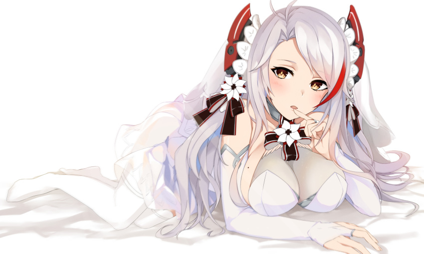 alternate_costume antenna_hair azur_lane bangs blush breasts bridal_gauntlets bridal_veil cleavage collarbone dress eyebrows_visible_through_hair floa4174 gloves hair_between_eyes hair_ornament hair_ribbon halterneck headgear highres large_breasts long_hair looking_at_viewer lying mole mole_on_breast multicolored_hair on_stomach open_mouth prinz_eugen_(azur_lane) red_hair ribbon see-through silver_hair simple_background smile solo streaked_hair thighhighs thighs two_side_up veil very_long_hair wedding_dress white_background white_dress white_gloves white_legwear