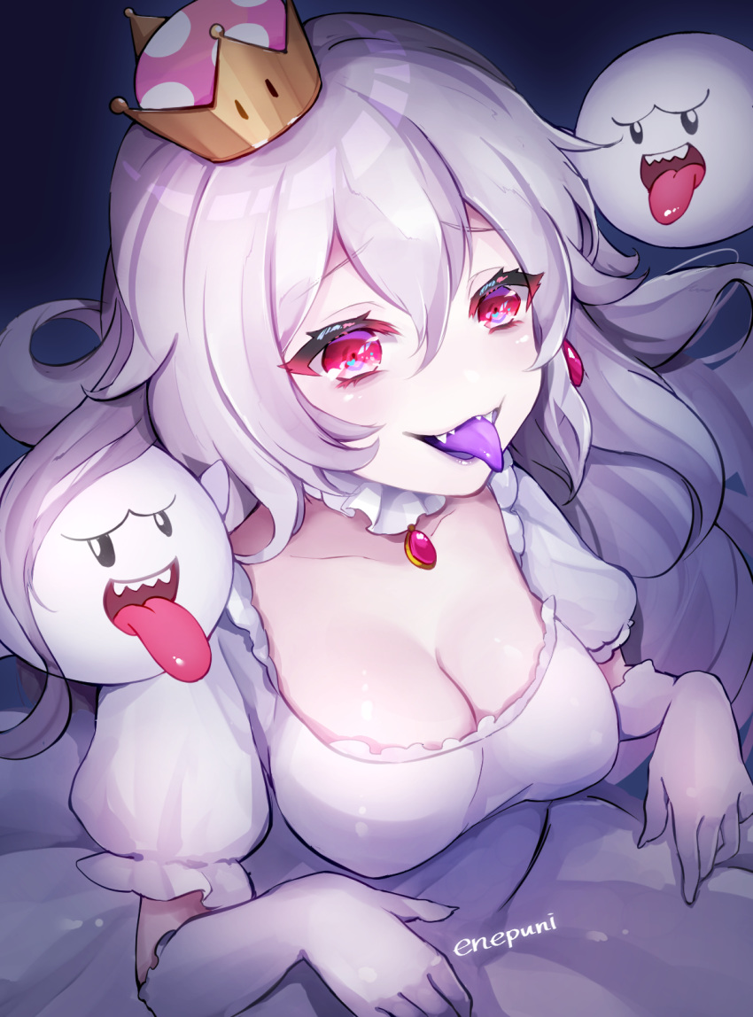 artist_name boo breasts cleavage crown enepuni gloves highres looking_at_viewer luigi's_mansion mario_(series) medium_breasts new_super_mario_bros._u_deluxe open_mouth princess_king_boo puffy_short_sleeves puffy_sleeves purple_tongue red_eyes short_sleeves super_crown tongue tongue_out upper_body white_gloves white_hair