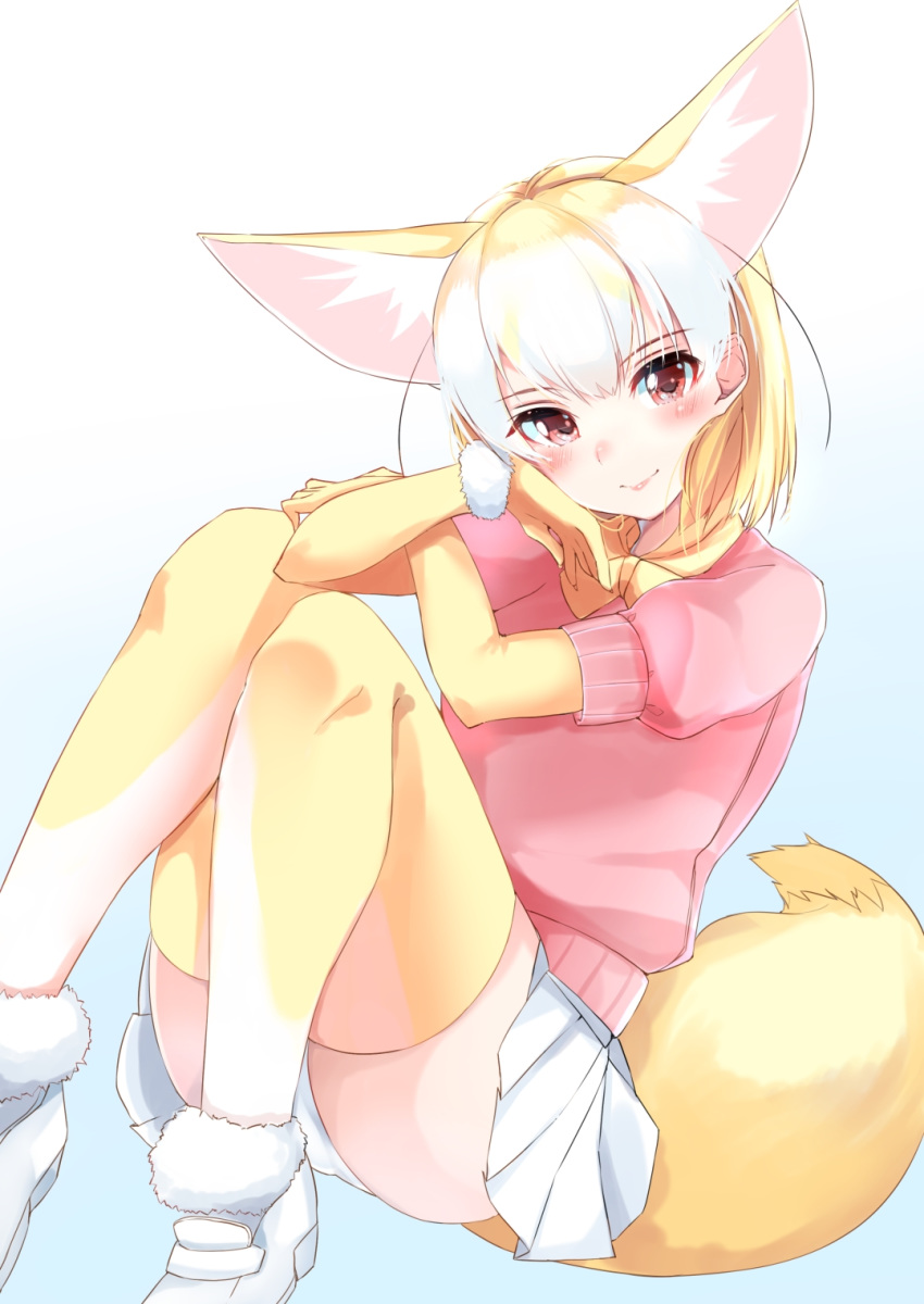 animal_ear_fluff animal_ears blonde_hair blush bow bowtie commentary crossed_arms elbow_gloves extra_ears eyebrows_visible_through_hair fennec_(kemono_friends) fox_ears fox_tail full_body fur_trim gloves highres kemono_friends kinou_no_shika knees_on_chest multicolored_hair pleated_skirt puffy_short_sleeves puffy_sleeves short_hair short_sleeves sitting skirt solo sweater tail thighhighs white_hair zettai_ryouiki