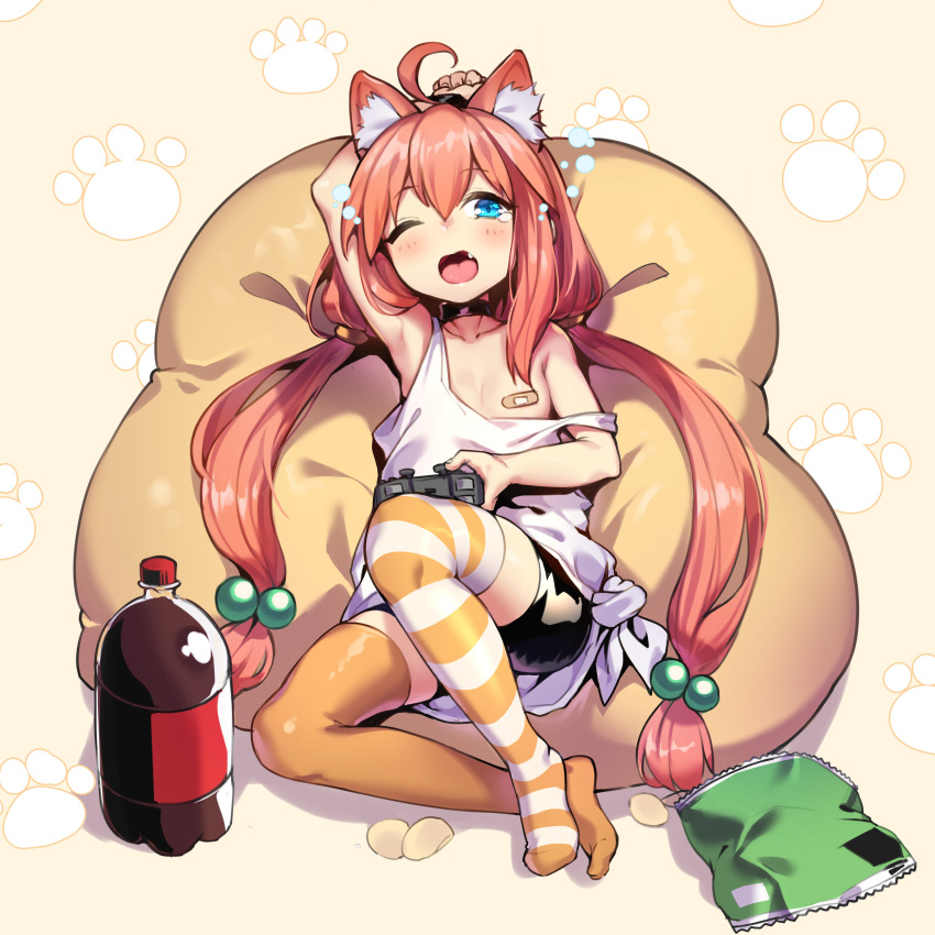 ;o absurdres ahoge animal_ear_fluff animal_ears arm_up armpits bandaid bandaids_on_nipples bean_bag bike_shorts blue_eyes bottle breasts cat_ears chips collarbone commentary controller extra_ears fang food game_controller hair_bobbles hair_ornament highres hinata_channel long_hair looking_at_viewer low_twintails mismatched_legwear nekomiya_hinata one_eye_closed open_mouth pasties paw_background potato_chips red_hair shennai_misha sleepy small_breasts soda_bottle solo strap_slip striped striped_legwear tears thighhighs twintails very_long_hair virtual_youtuber white_tank_top yawning yellow_legwear