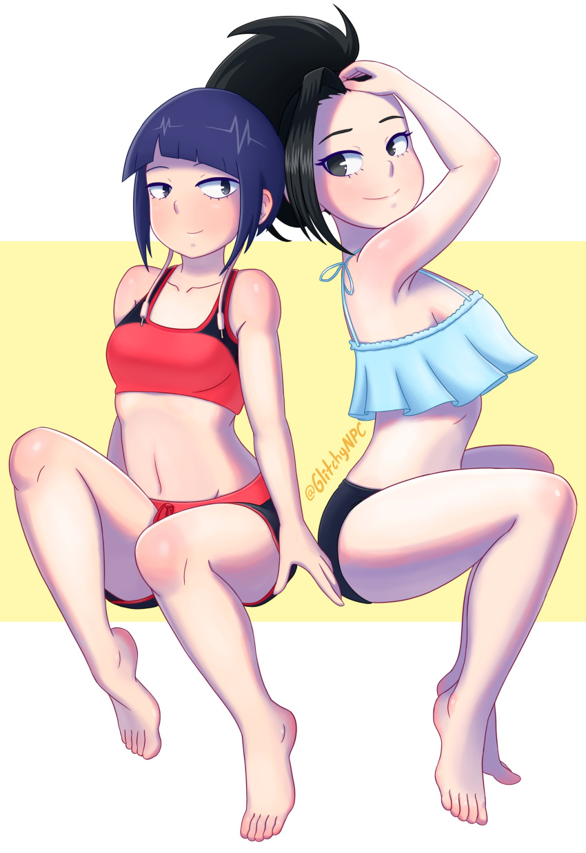 2girls bare_arms barefoot black_eyes black_hair blue_hair boku_no_hero_academia breasts frills glitchynpc jirou_kyouka medium_breasts midriff multiple_girls navel ponytail short_hair shorts simple_background sitting small_breasts smile sports_bra tied_hair yaoyorozu_momo