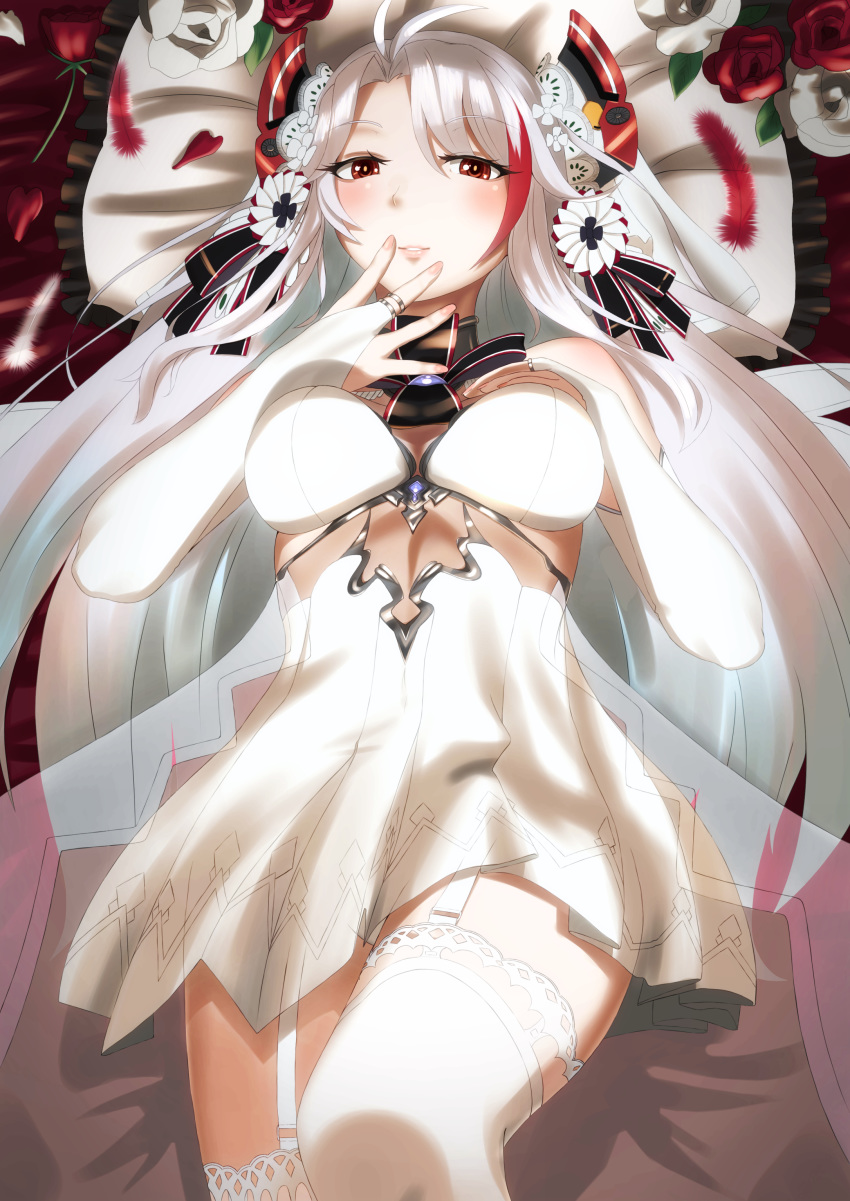 absurdres antenna_hair azur_lane bangs blush breasts bridal_gauntlets bridal_veil commentary_request cowboy_shot dress eyebrows_visible_through_hair feathers flower garter_straps gloves hair_between_eyes headgear highres iron_cross large_breasts long_hair looking_at_viewer m0nsoo00n multicolored_hair panties parted_lips petals prinz_eugen_(azur_lane) red_hair rose silver_hair smile solo strapless strapless_dress streaked_hair thighhighs thighs translucent two_side_up underwear veil very_long_hair wedding_dress white_dress white_gloves white_legwear white_panties