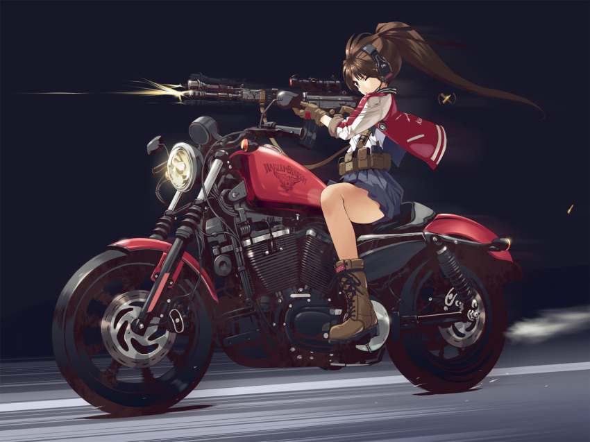 afterimage assault_rifle bangs black_background blue_eyes blue_skirt boots brown_footwear brown_gloves brown_hair brown_ribbon closed_mouth commentary_request cross-laced_footwear ear_protection firing gloves ground_vehicle gun hair_ribbon harley_davidson highres holding holding_gun holding_weapon howa_type_89 jacket kankurou lace-up_boots letterman_jacket light long_hair long_sleeves looking_away motion_blur motor_vehicle motorcycle muzzle_flash on_motorcycle one_eye_closed open_clothes open_jacket original pleated_skirt ponytail recoil red_jacket ribbon riding rifle scope shell_casing sitting skirt smoke solo vehicle_request very_long_hair weapon