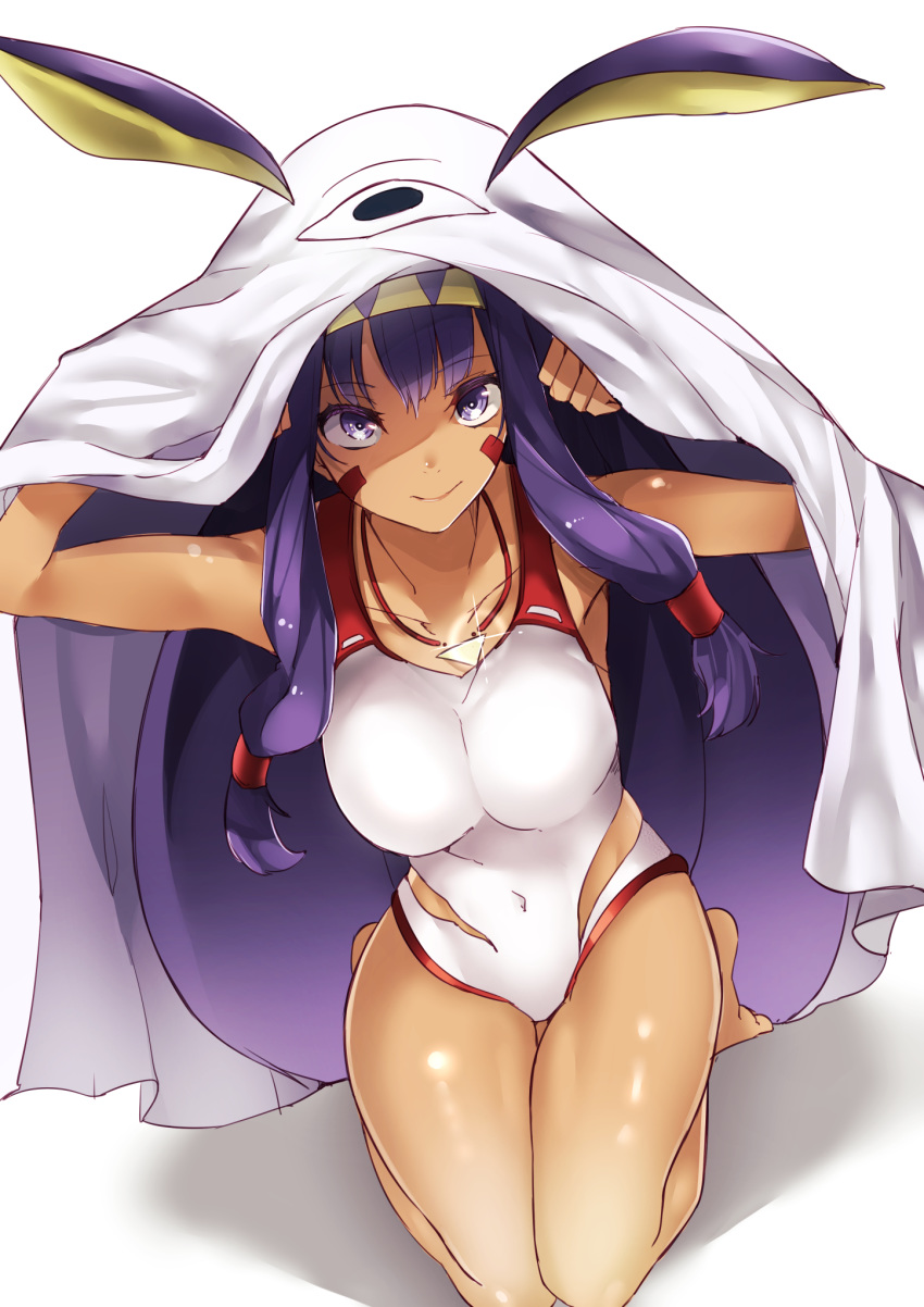 animal_ears breasts closed_mouth collarbone commentary_request covered_navel dark_skin facial_mark fate/grand_order fate_(series) from_above hairband highres jackal_ears jewelry kneeling long_hair looking_at_viewer low-tied_long_hair medjed necklace nitocris_(fate/grand_order) nitocris_(swimsuit_assassin)_(fate) one-piece_swimsuit purple_eyes purple_hair smile solo swimsuit third_eye white_swimsuit yellow_hairband yunekoko