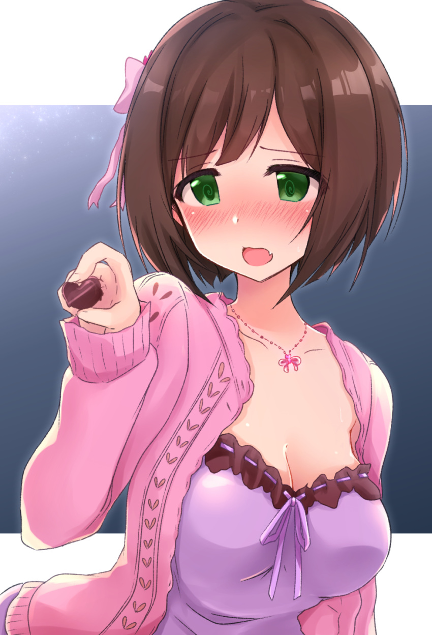 @_@ bangs blue_background blush bow breasts brown_hair chocolate chocolate_heart cleavage collarbone dress eyebrows_visible_through_hair fang food green_eyes hair_bow hana_(tmtmrgrgtrg) hand_up heart highres holding holding_chocolate holding_food idolmaster idolmaster_cinderella_girls jacket jewelry long_sleeves maekawa_miku medium_breasts nose_blush open_clothes open_jacket open_mouth pendant pink_bow pink_jacket purple_dress purple_ribbon ribbon ribbon-trimmed_dress short_hair sleeves_past_wrists solo two-tone_background white_background