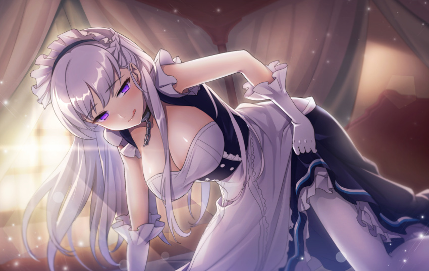:q all_fours apron azur_lane bangs belfast_(azur_lane) blue_eyes blurry blurry_background blush braid breasts chain cleavage collar collarbone curtains dress dress_lift evening eyebrows_visible_through_hair french_braid frilled_gloves frills gloves half-closed_eyes indoors large_breasts licking_lips lifted_by_self light_particles long_hair looking_at_viewer maid maid_headdress pantsu_majirou shiny shiny_skin sidelocks silver_hair smile solo tongue tongue_out white_gloves window