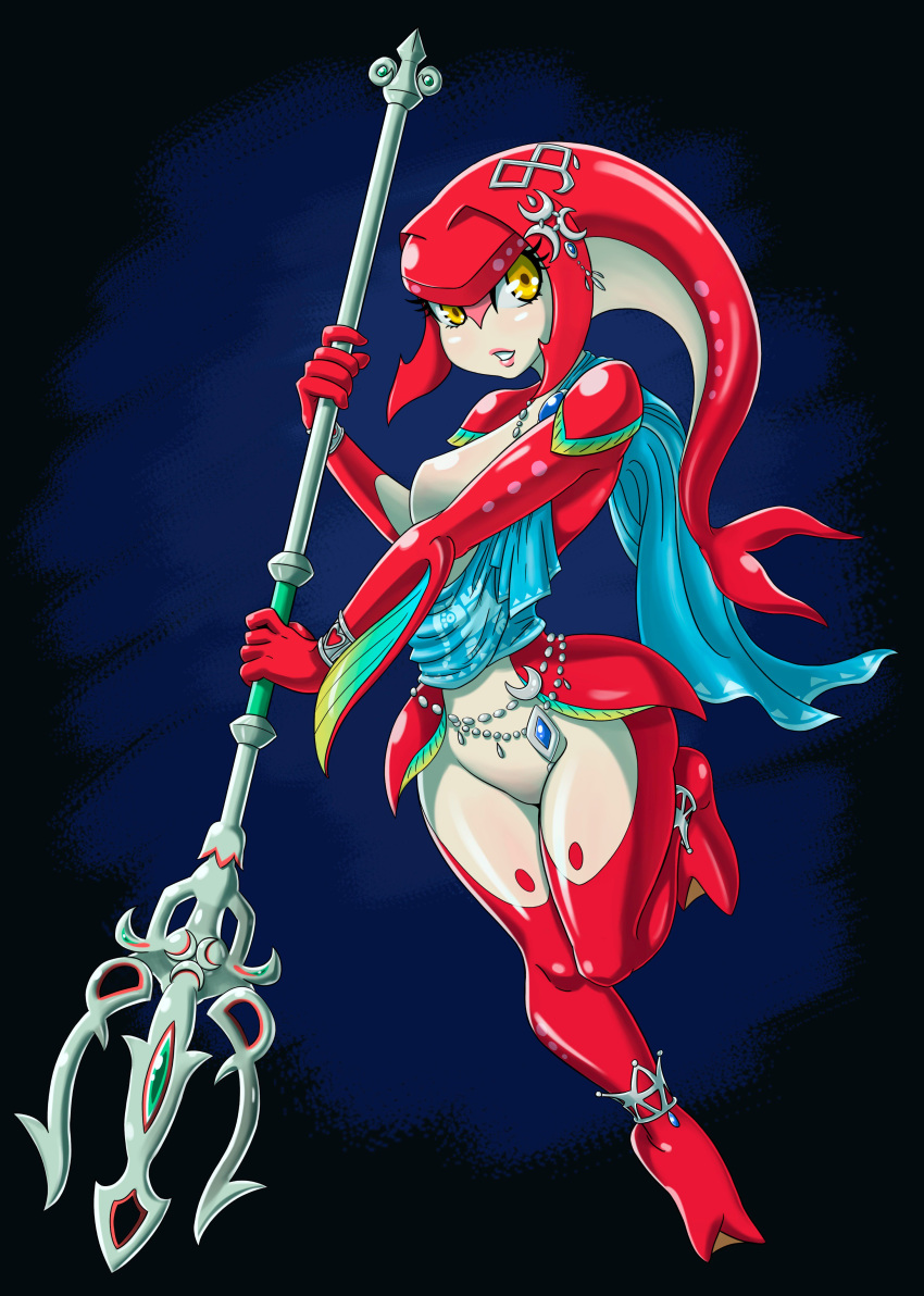 1girl bracelet breasts fish_girl full_body glitchynpc headpiece jewelry lips medium_breasts mipha monster_girl multicolored multicolored_skin nintendo polearm simple_background solo the_legend_of_zelda the_legend_of_zelda:_breath_of_the_wild toga trident weapon wide_hips yellow_eyes